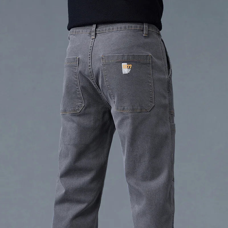 2026 New Style Jeans Men's Slim Fit Korean Style Comfortable Straight Leg Elastic Gray Mid Waist Pants Men's Casual Denim Pants