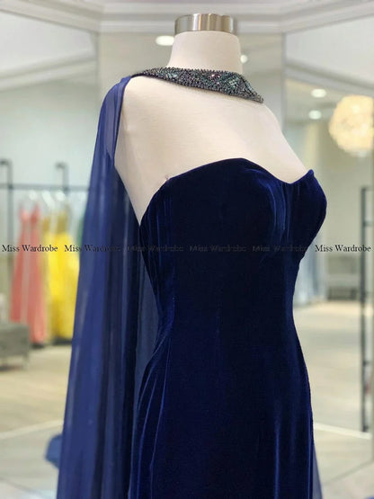 Navy Blue Evening Dress Velvet Sweetheart Mermaid Prom Party Gown Luxury Beaded With Cloak Formal Banquet Celebrity Dress 2024