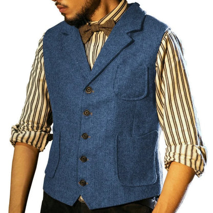 Men Vest Blue Herringbone Single Button With Lapel Pocket Waistcoat For Banquet Business Office Work Casual Daily Men Suit Vest