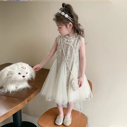 Mesh Sequins Summer Dress Children Clothes Girls Gauze Skirt For Party Evening Birthday Prom Performance Graduation Ceremony