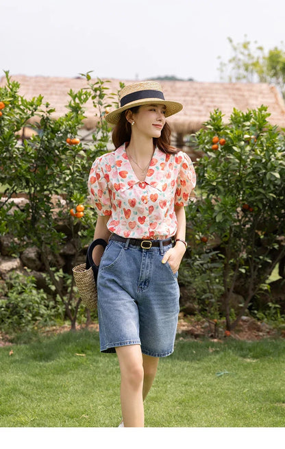Korean Chic Fashion Women Stylish Blouses Summer French Sweet Retro Floral Polo-neck Puff Sleeves Tops MXB27C0450
