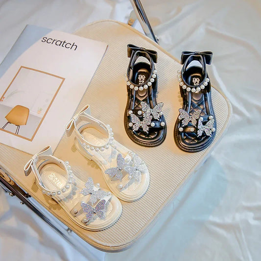 Kids Roman Sandals 2024 New Girls'  Princess Shoes with Butterfly Girl Fashion Sweet Pearl Beach Shoes with Back Knot Anti Slip