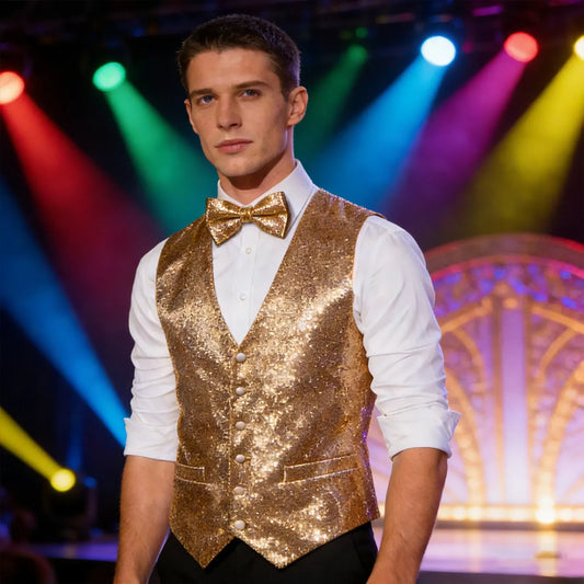 Shiny Golden Green Red Sequin Vest & Bow Tie Set for Men – Perfect for Stage Performances, Weddings, and Formal Parties