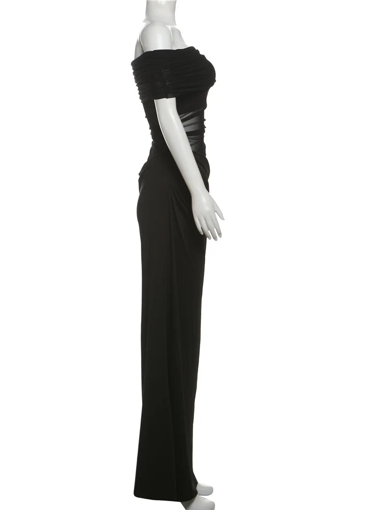 Ruched Irregular Dress Women Mesh Patchwork Slash Neck Short Sleeve Skinny Stretch Trend Elegant Long Bodycon Outfits