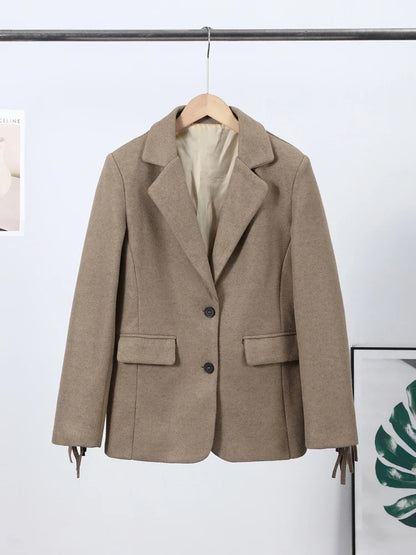 Tassels Woolen Suit Jacket Women Elegant Turn-down Collar Long Sleeve Single Breasted Pocket Autumn Winter Coats New Outerwears