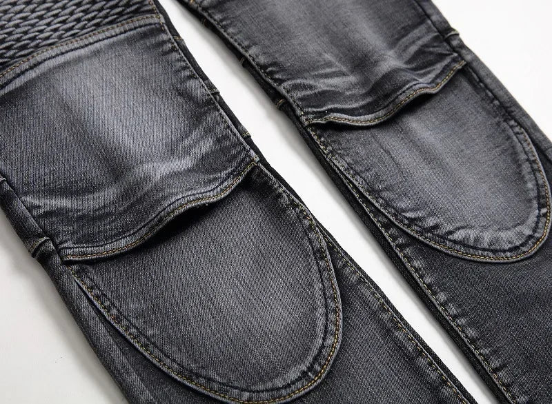 Men's New Casual Motorcycle Jeans Hip Hop Street Riding Stretch Slim Fit Straight Pants Patchwork Fashion Denim Trousers Male