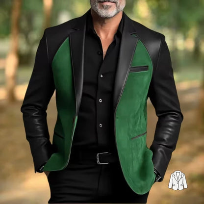 Retro Men's Faux Suede Jacket with PU Leather Collar & Shoulder 2 Buttons Two-Tone Blazer Contrast Trim Coat