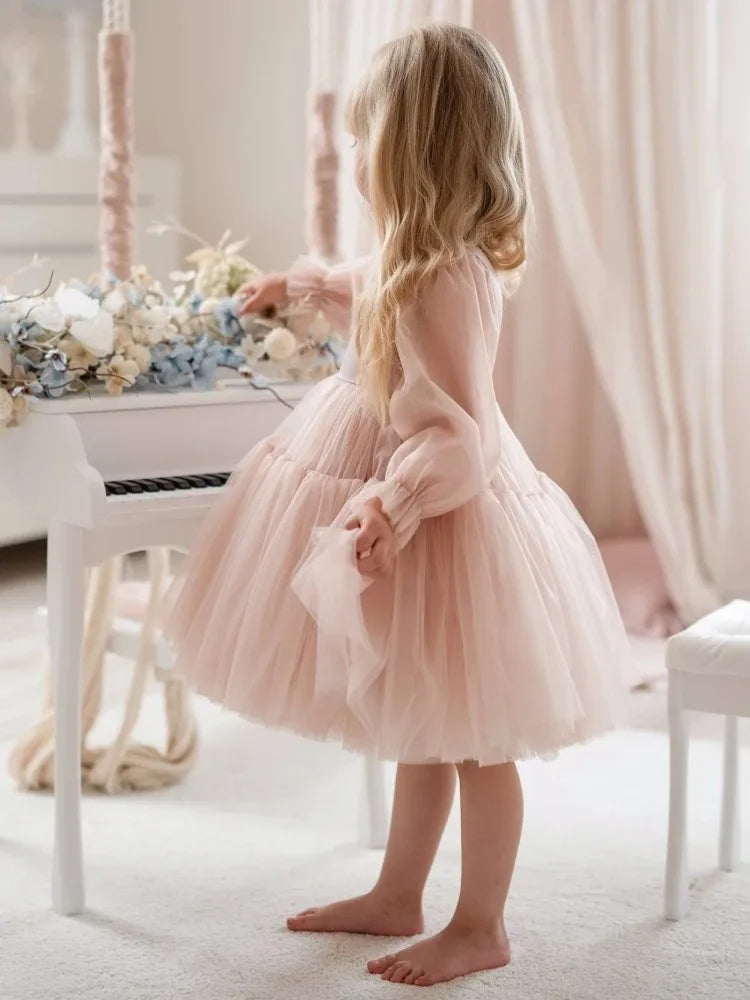Customized Lovely Pink Flower Girl Dress For Wedding Puffy Knee Length Kids Birthday Party First Communion Ball Gowns