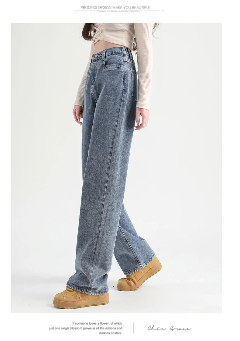 Woman Jeans Elastic High Waist Wide Leg Cotton Denim Clothing Blue White Streetwear Vintage Fashion Harajuku Straight Pants