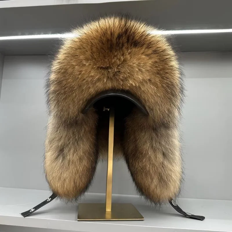 100% genuine fox fur ear-protecting hat Men real raccoon fur bomber hat Women winter warm fur real sheep leather snow hat