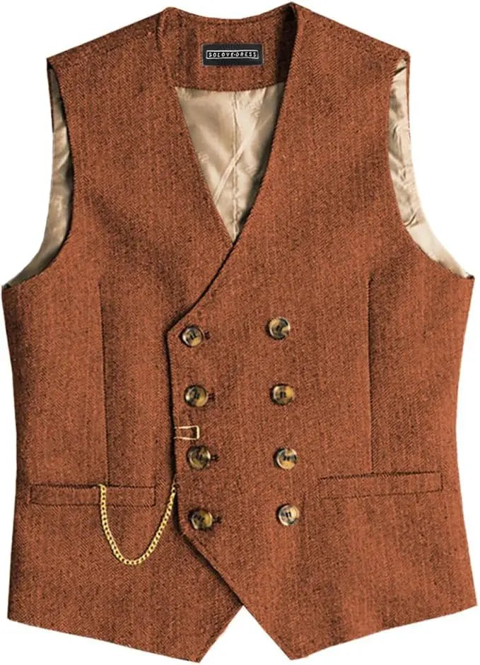 Men Retro British Tweed Double Breasted Suit Vest Plus Size V Neck Herringbone Formal Waistcoat Fashion Outer Vest with Pocket