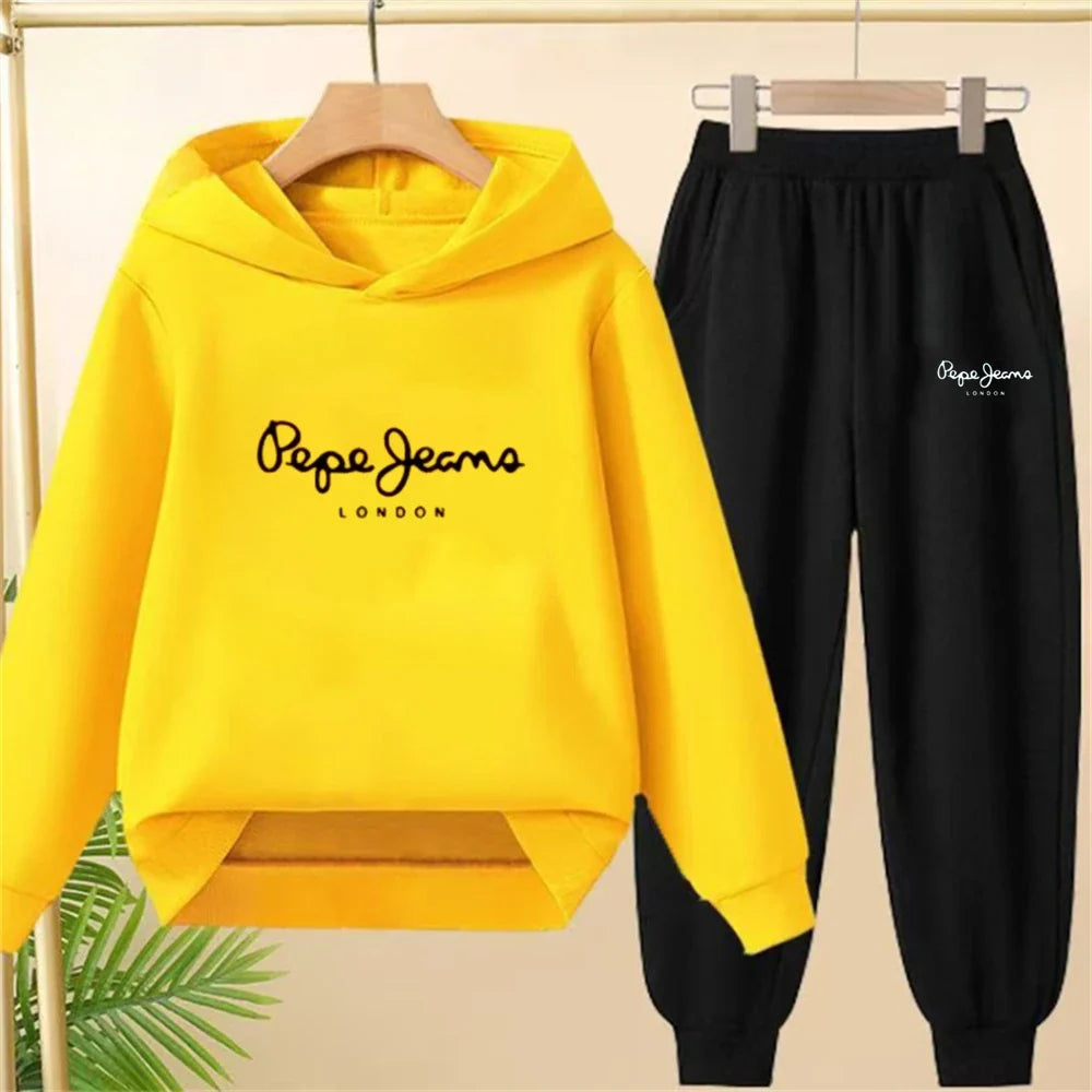 Boy Girls Children's Hoodies Suit Tops+Bottom Toddle Black Sweatshirr White Child 3-12 Year Pink Fashion Printing Coat Clothing