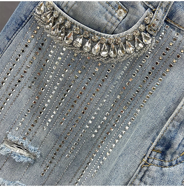 High Waist Wide Leg Jeans Women's Summer Loose Slimming Diamond Embedded Long Pants Break Hole Denim Pants Hong Kong Sle ...