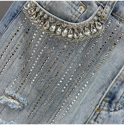 High Waist Wide Leg Jeans Women's Summer Loose Slimming Diamond Embedded Long Pants Break Hole Denim Pants Hong Kong Sle ...