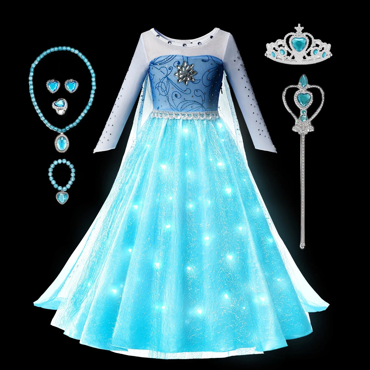 Elsa Snow Queen Princess Girls LED Light Up Dress Halloween Carnival Clothing Party Kids Cosplay Children Costume