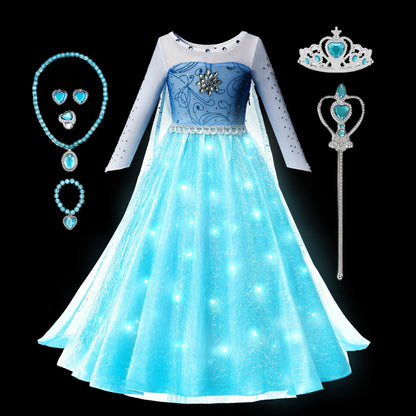 Elsa Snow Queen Princess Girls LED Light Up Dress Halloween Carnival Clothing Party Kids Cosplay Children Costume