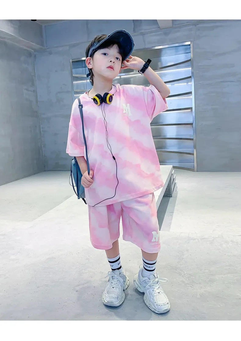 Summer Fashion Boys Cotton Alphabet Tie Dye T-Shirt Tops+Shorts Pant School Kids Tracksuit Child 2PCS Outfit Workout Set 5-16 Yr