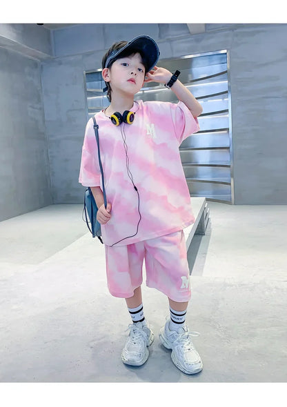 Summer Fashion Boys Cotton Alphabet Tie Dye T-Shirt Tops+Shorts Pant School Kids Tracksuit Child 2PCS Outfit Workout Set 5-16 Yr