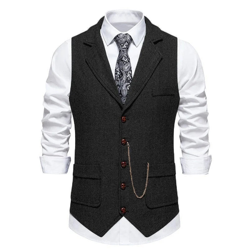 Man Suit Vest British Style Turn Down Collar Male Waistcoat Vintage Single-breasted Business Casual Men Coat Vest