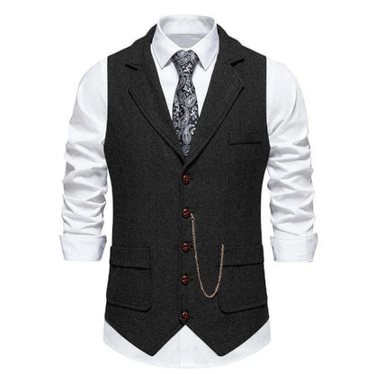 Man Suit Vest British Style Turn Down Collar Male Waistcoat Vintage Single-breasted Business Casual Men Coat Vest