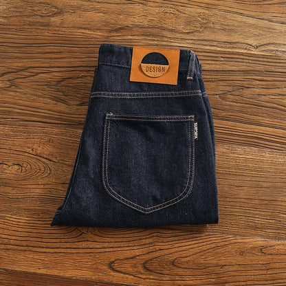 Anti-fading solid color general wash primary color denim jeans men's dark American casual loose straight cone pants