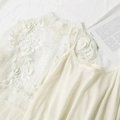 Lace Flower Mesh Summer Dress Women Lantern Sleeve White Casual Dresses Female Party Vintage Slim Women Dress 2 Piece Sets 12041