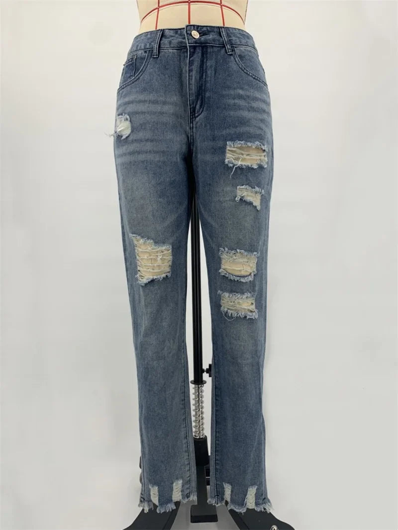 Fashion Broken Holes Tassel Straight Jeans Women's Mid-waist Button Splicing Denim Pants Ladies Trend Streetwear Casual Trousers