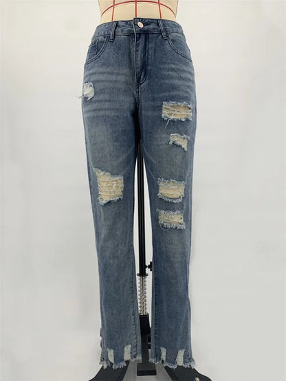 Fashion Broken Holes Tassel Straight Jeans Women's Mid-waist Button Splicing Denim Pants Ladies Trend Streetwear Casual Trousers