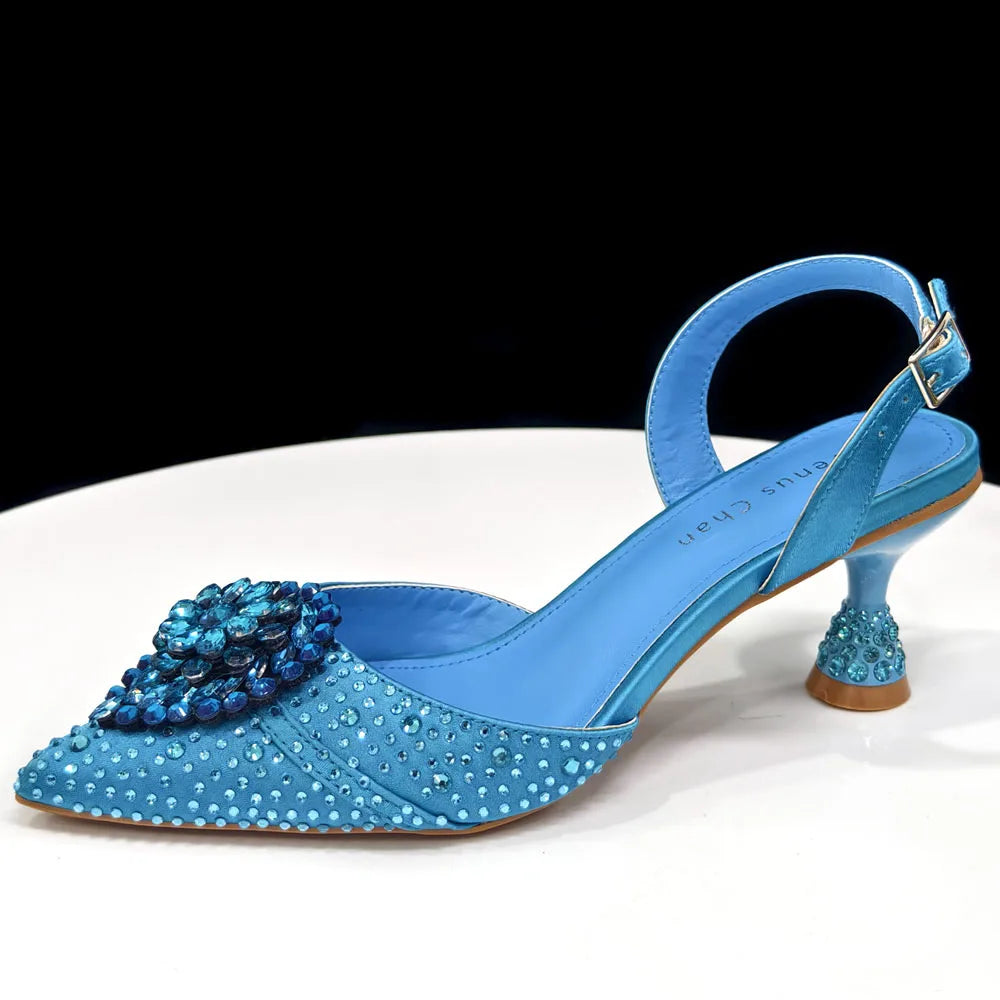 Blue Color Rhinestone Comfortable high heel shoe And Bag Fashion Style Pointed-Toe Shoes For Women Or Commuting Shoes
