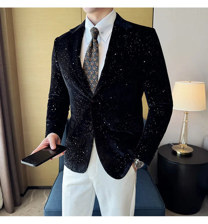 High Quality Velvet Bronzing Suit Coats Mens Sparkle Elegant Slim Business Suits Jacket Homme Formal Social Prom Party Tuxedos