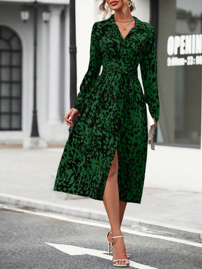 Elegant Random Print Button Down Shirt Dress Women's Long Sleeve Belted Waist Midi Dress Spring Fall Office Casual Dress