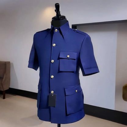 Safari Men Suits for Summer with Short Sleeve Single Breasted Casual Male Suit 2 Pieces Set Jacket with Pants Custom Made