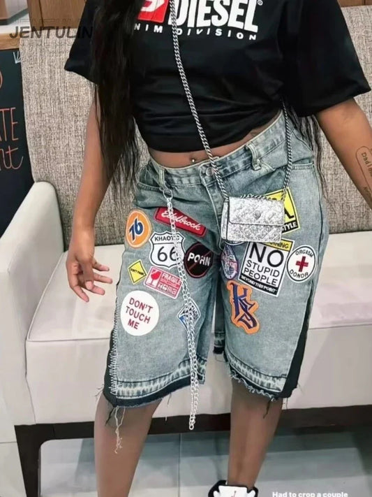 Retro Blue Streetwear Patchwork Denim Short Y2K Jeans Men Women Hip Hop Cartoon Graphics Loose Metal Denim Fitness Casual Shorts