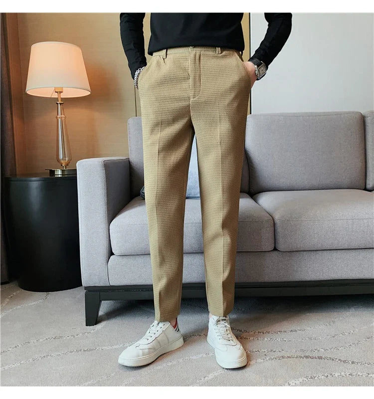 2024 Autumn New Waffle Stretch Waist Business Formal Pants Men Fashion Wedding Slim Trouser Mens Brand Social Party Suit Pants