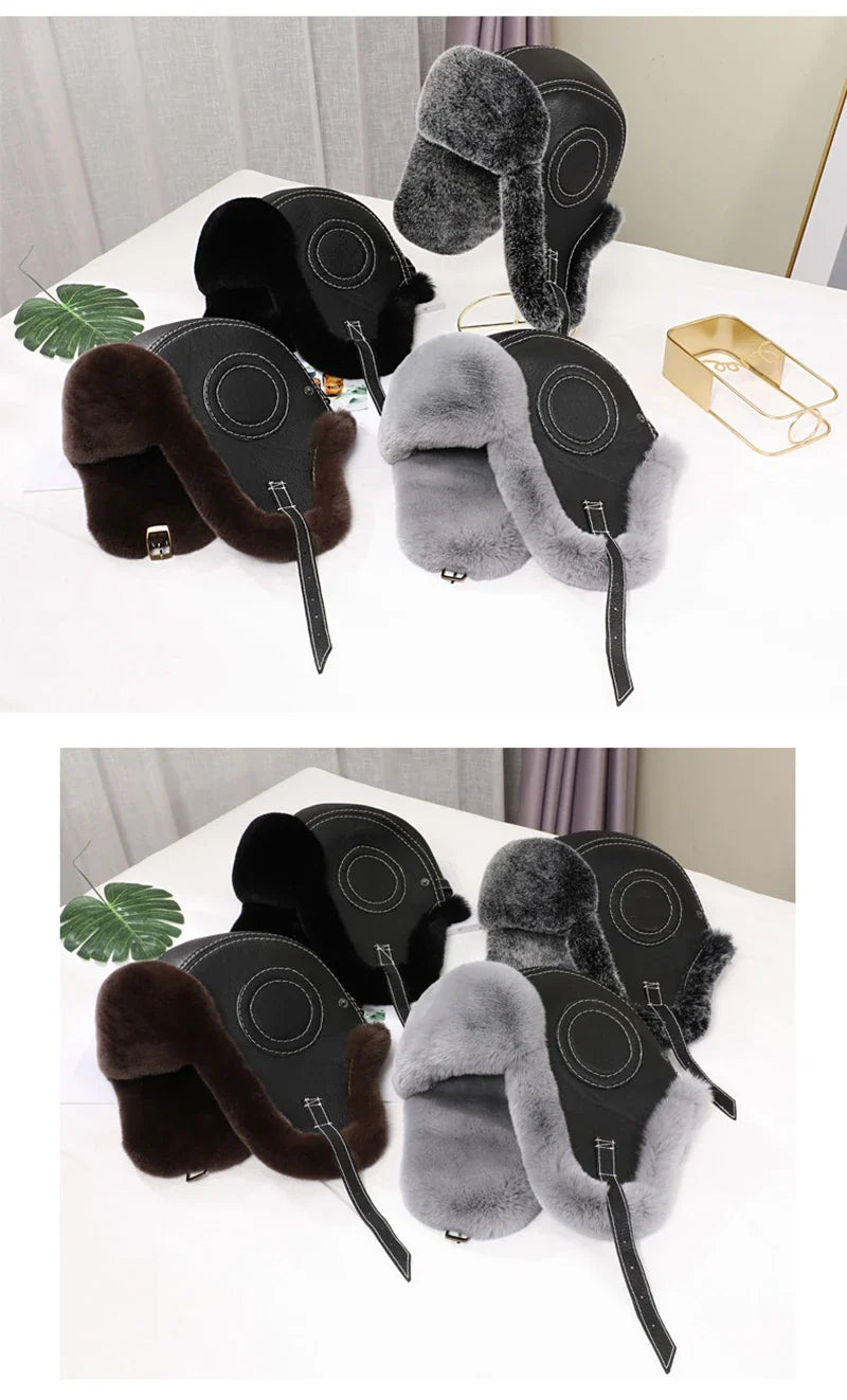 2026  Winter Men's 100% Real Rex Rabbit Fur Bomber Hat Ushanka Cap Trapper Russian Man Ski Hats Caps Real Sheepskin Leather
