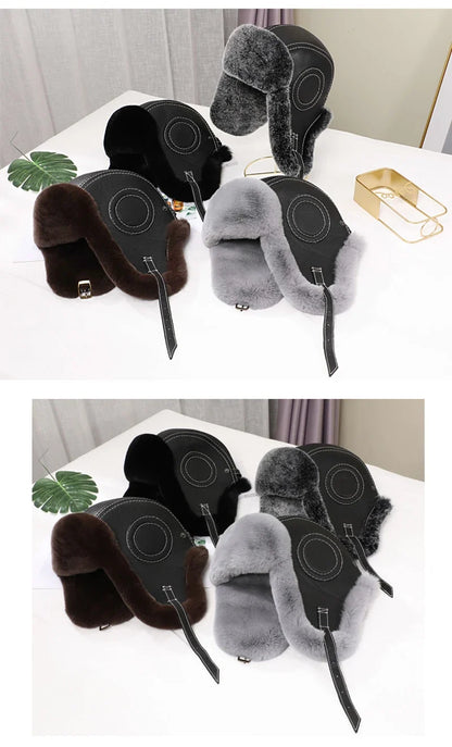 2026  Winter Men's 100% Real Rex Rabbit Fur Bomber Hat Ushanka Cap Trapper Russian Man Ski Hats Caps Real Sheepskin Leather
