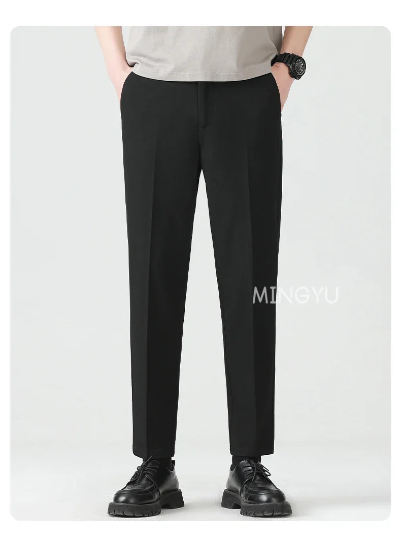 High Quality Lyocell Blend Summer Ankle Length Pants Men Business Elastic Waist Formal Suit Korean Social Work Trousers Male 40