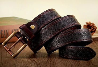 High Quality Embossed Western Cowboy Brass Buckle Belt Real Thick Genuine Leather Designer Men Belt Punk Jeans Belts For Men