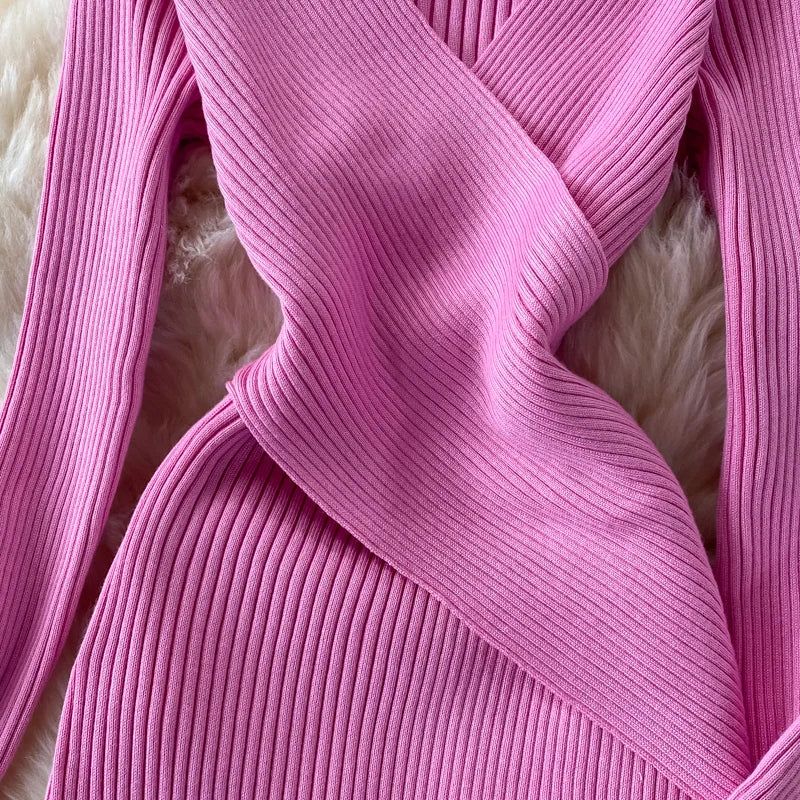 Autumn Winter 2025 Women Dress Elegant Cross V-neck Slim Waist Knitted Bodycon Dress Korean Office Lady Vestidos