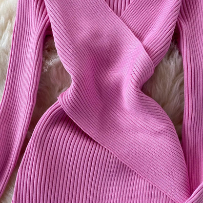 Autumn Winter 2025 Women Dress Elegant Cross V-neck Slim Waist Knitted Bodycon Dress Korean Office Lady Vestidos