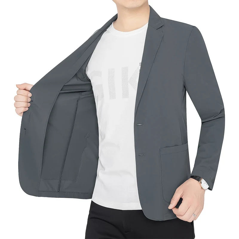 Brand Summer Men Blazers Gray Solid Color Thin Anti Wrinkle Quick Drying Soft Business Suit Blazer Jacket for Man