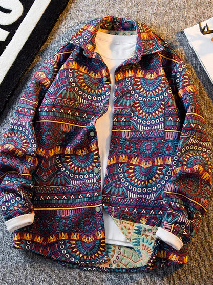 Spring and autumn new ethnic style printed long-sleeve jacket for men, high-end stylish trendy jacket