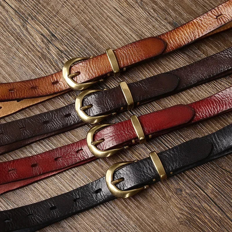2.3CM Pure Cowhide High Quality Genuine Leather Belts for Women Copper Buckle Fancy Vintage Ladies Thin Belt Jeans Cowboy Cintos