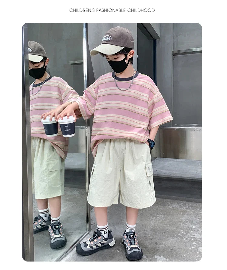 Children Summer Pink Blue Striped Suit Top and Bottom Clothes Set For Teen Boy New Fashion Tracksuit Outfit Kids Casual Clothing