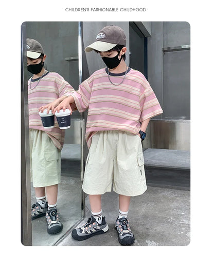 Children Summer Pink Blue Striped Suit Top and Bottom Clothes Set For Teen Boy New Fashion Tracksuit Outfit Kids Casual Clothing