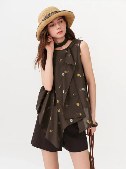 2026 Summer Women Asymmetrical Cut-out Tie-Neck Sleeveless Blouse Round Neck Top Soft Elegant Daily Layering Essential