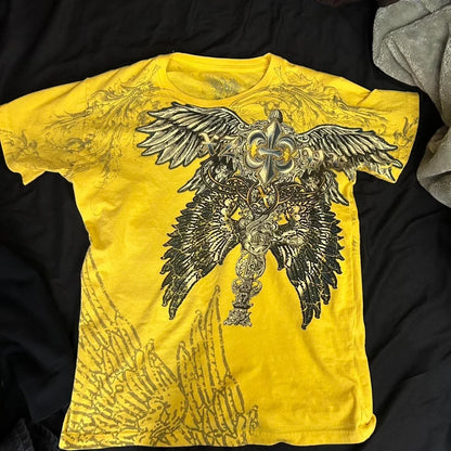 Retro Xtreme Angel Wing Men Yellow Short Sleeves Harajuku High Street American Fashion T-shirt Man Women Summer Tops