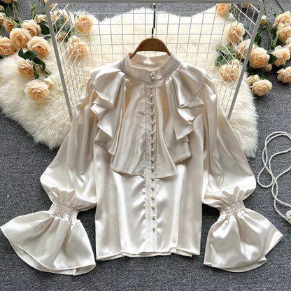 High Quality Satin Loose Shirt Long Flared Sleeves Ruffles O Neck Beading  Women Gentle Office Lady Casual Blouse