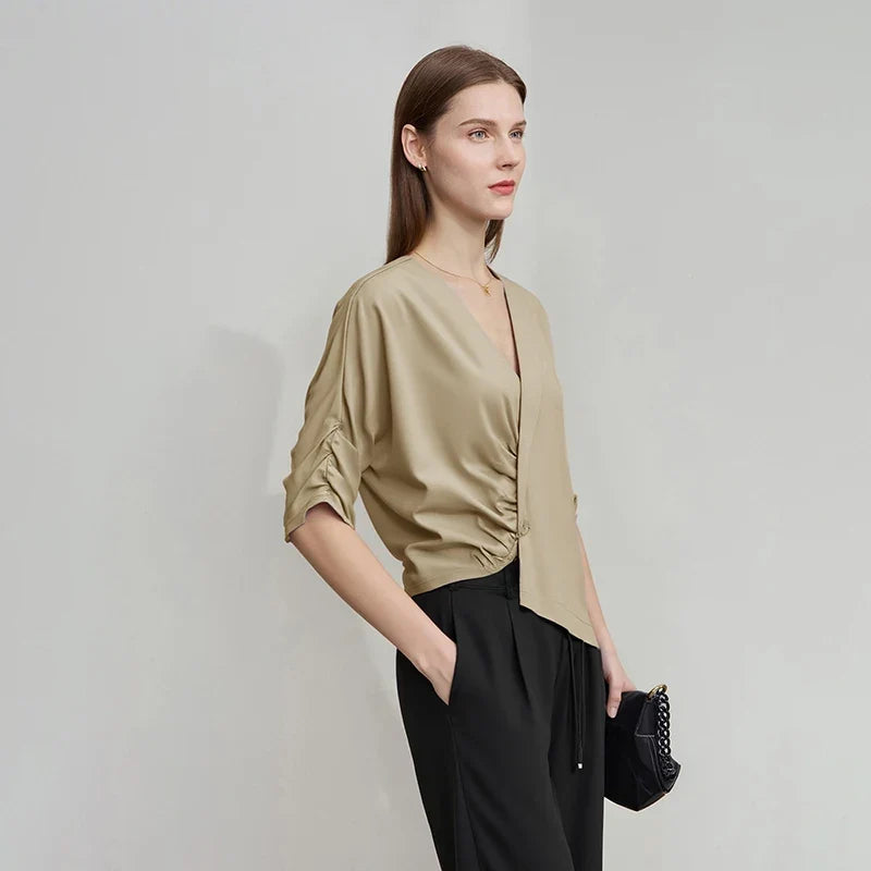 Women's Blouse 2026 Summer New V-Neck Asymmetric Pleated Mid Sleeve Shirt Relaxed Fit Office Casual Top For Women 12622117