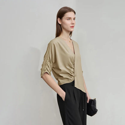 Women's Blouse 2026 Summer New V-Neck Asymmetric Pleated Mid Sleeve Shirt Relaxed Fit Office Casual Top For Women 12622117